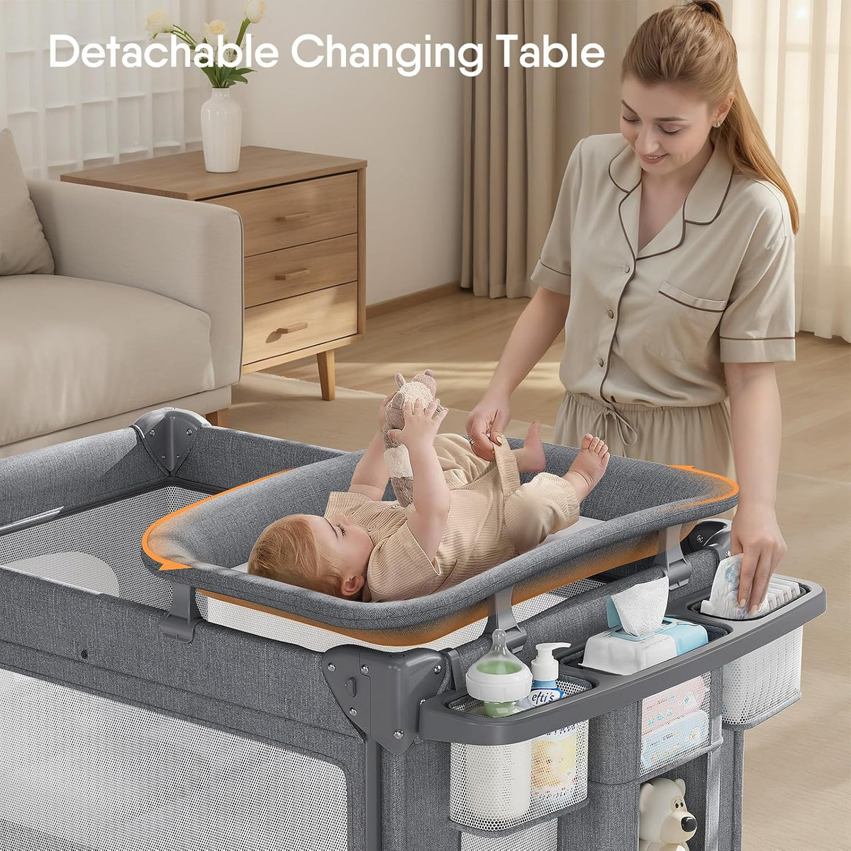 4 in 1 Baby Bassinet, Pack and Play, Bedside Crib Sleeper, Diaper Changer, Quickly Assembled and