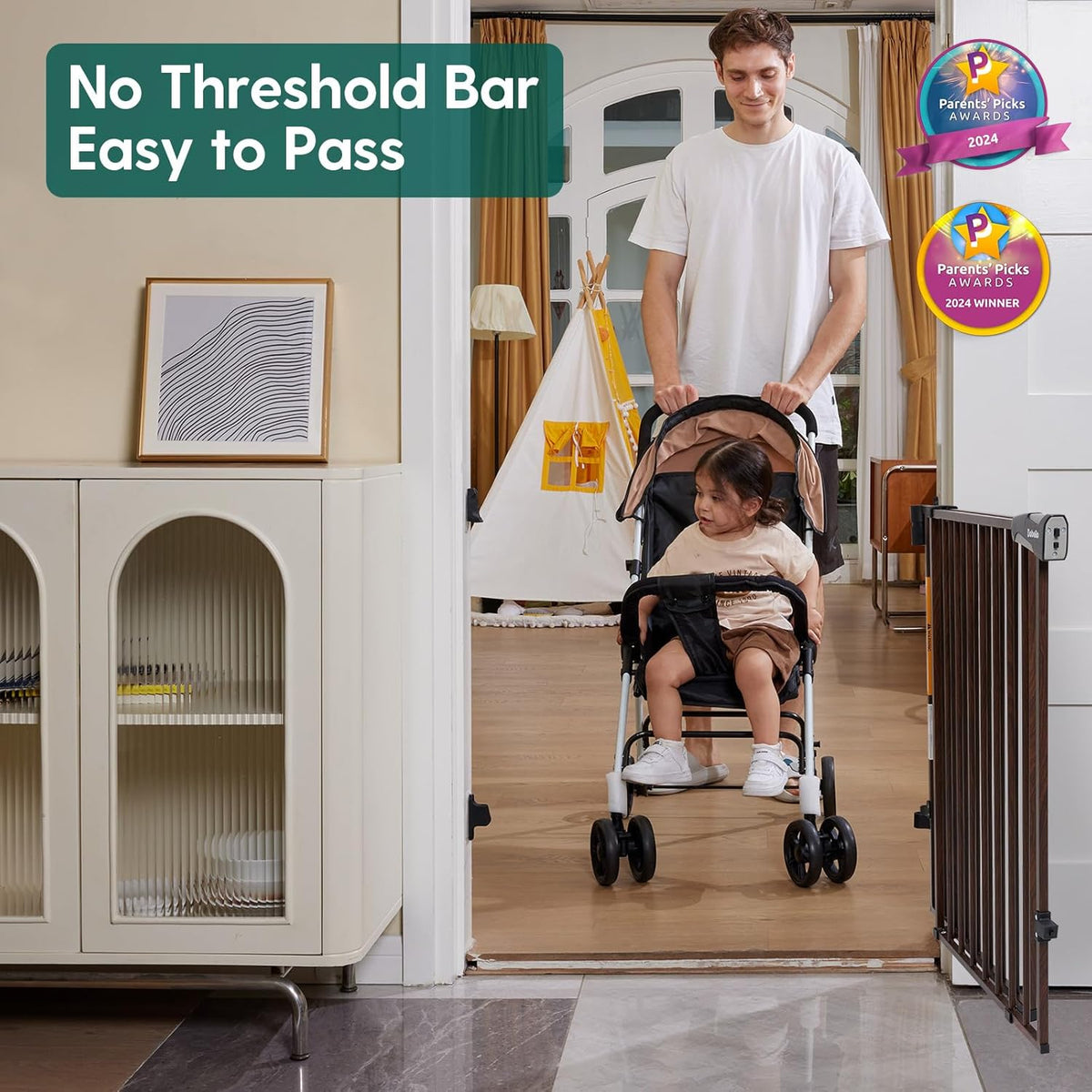 Babelio 34" Extra Tall Baby/Dog Gate with No Threshold Design Walk Thru Door, 26-43" Auto Close
