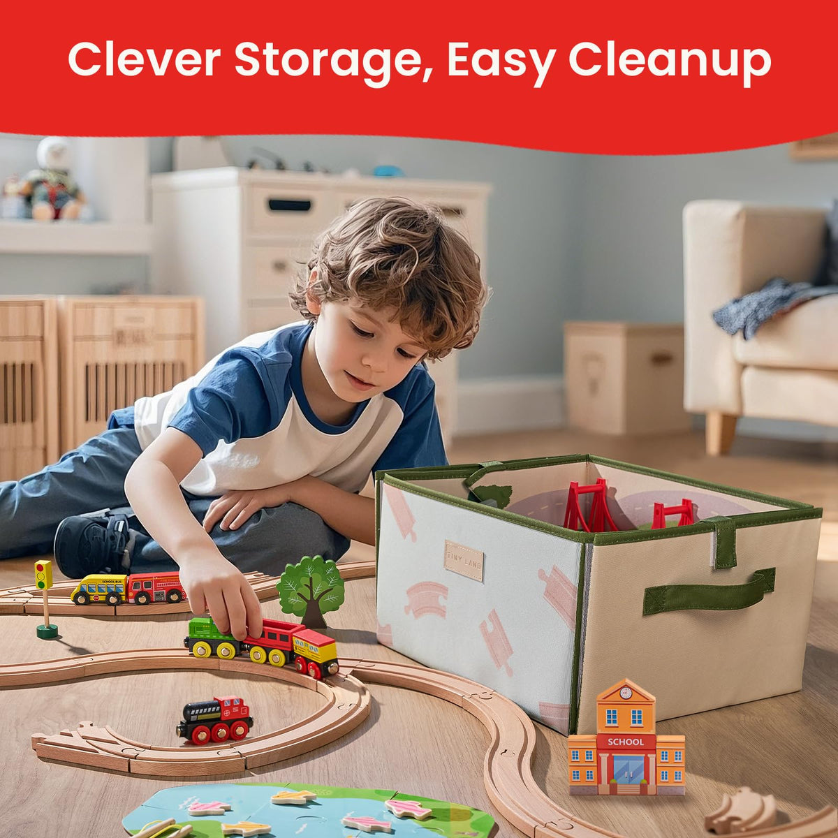 Tiny Land 110pcs Wooden Train Set with Folding Storage Box