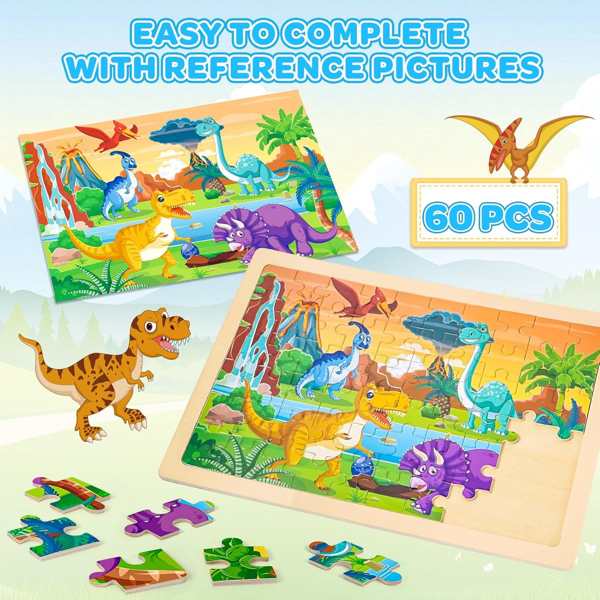 LACCHOUFEE 6 Pack Wooden Vehicle Puzzles for Kids Age 3 4 5 Year Old, 60 Pcs Montessori Toddler