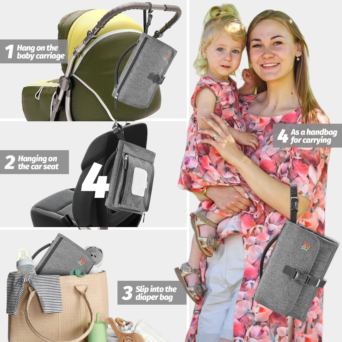 PZU Portable Diaper Changing Pad - Changing Pad Portable with Wipes Pocket, Waterproof Diaper