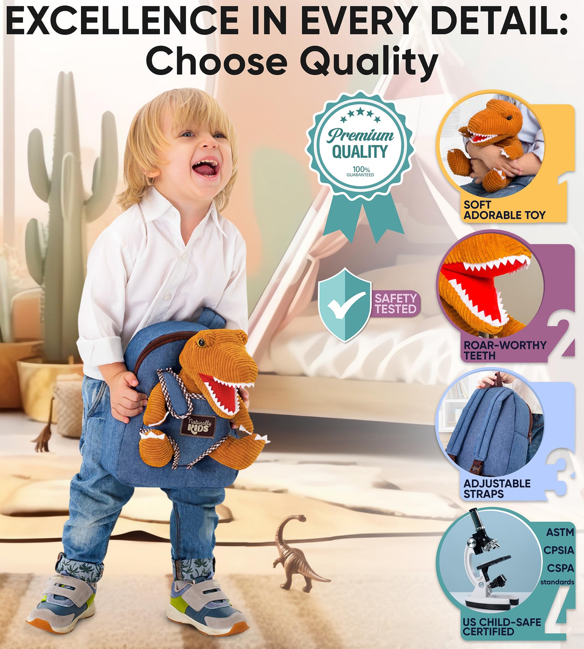 Naturally KIDS Toddler Backpack w. Plush Dinosaur Toy, Kids Gift 2 3 4 5