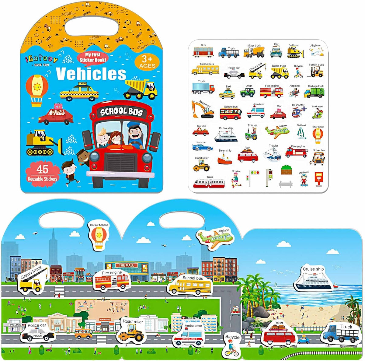 Reusable Sticker Books for Toddlers 1-3, Jelly Sticker Books for Kids 2-4, Vehicle Stickers for Kids