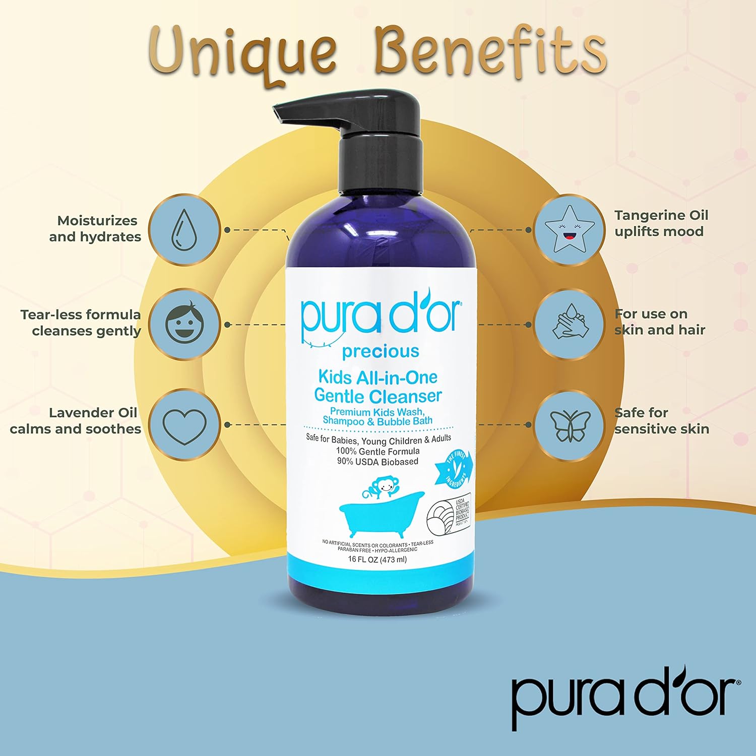 PURA D'OR 16 Oz Kids Wash - All-in-One Gentle Cleanser - USDA Biobased, Sulfate-Free, Tear-Less