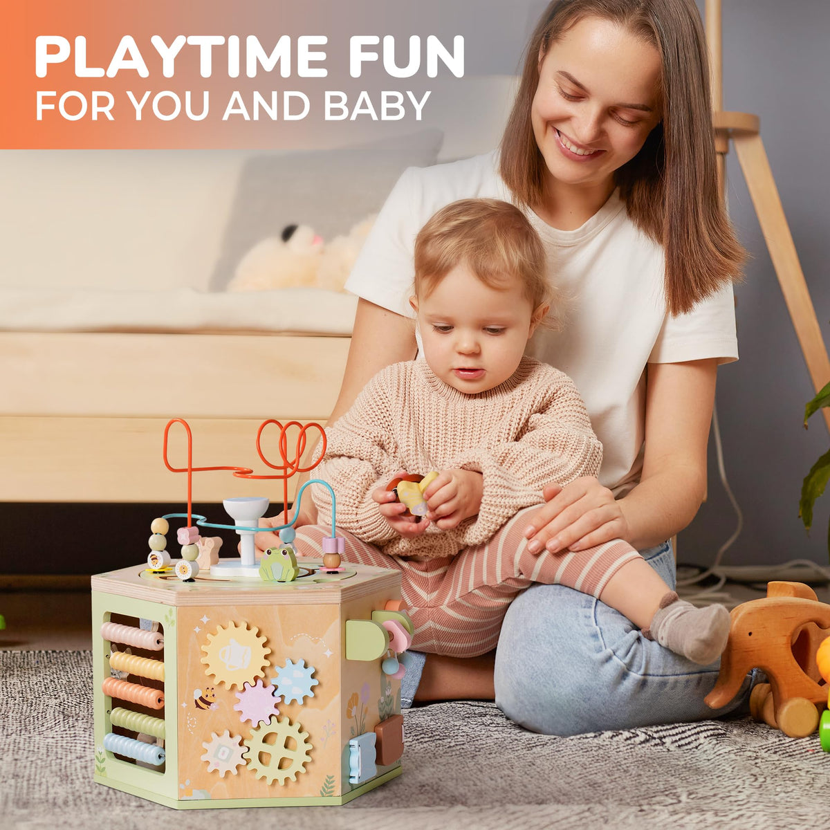 ROBOTIME Wooden Activity Cube for Toddlers, 13 in 1 Montessori Baby Activity Cube, Baby Play Cube