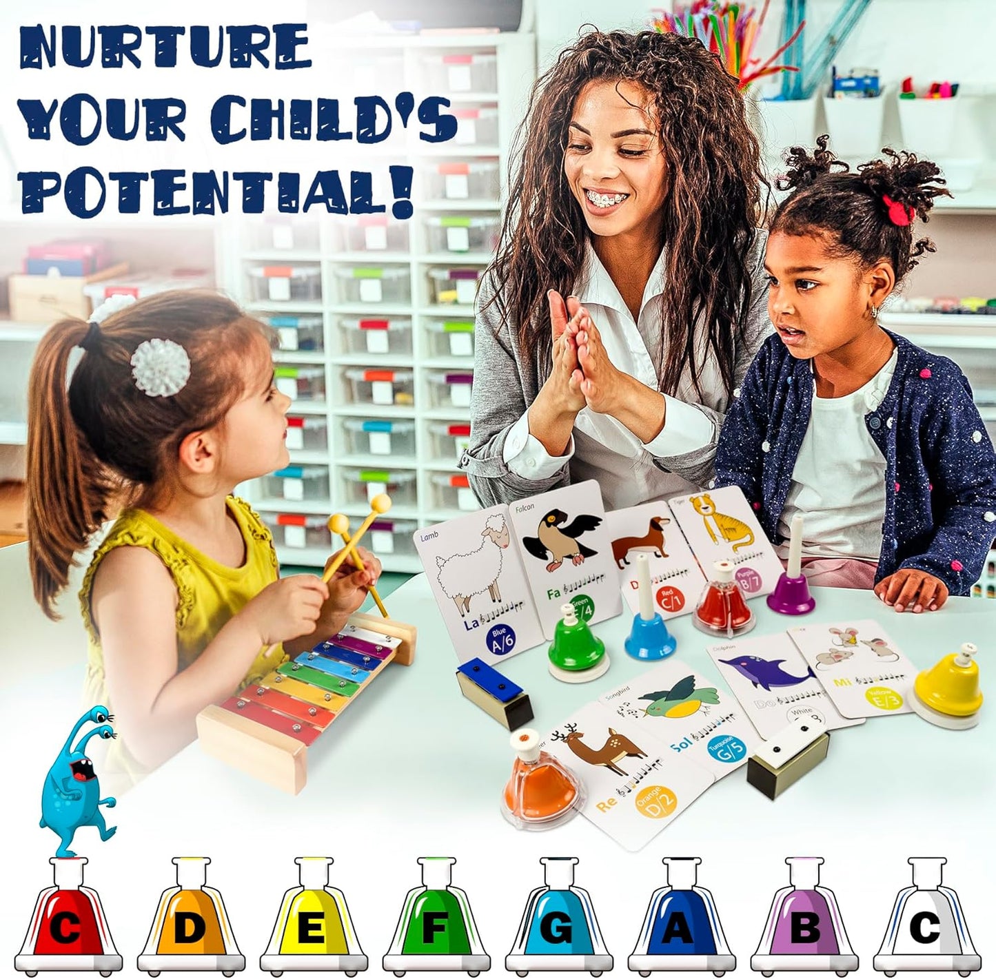 MINIARTIS Desk Bells for Kids | Educational Music Toys for Toddlers 8 Notes Colorful Hand Bells Set