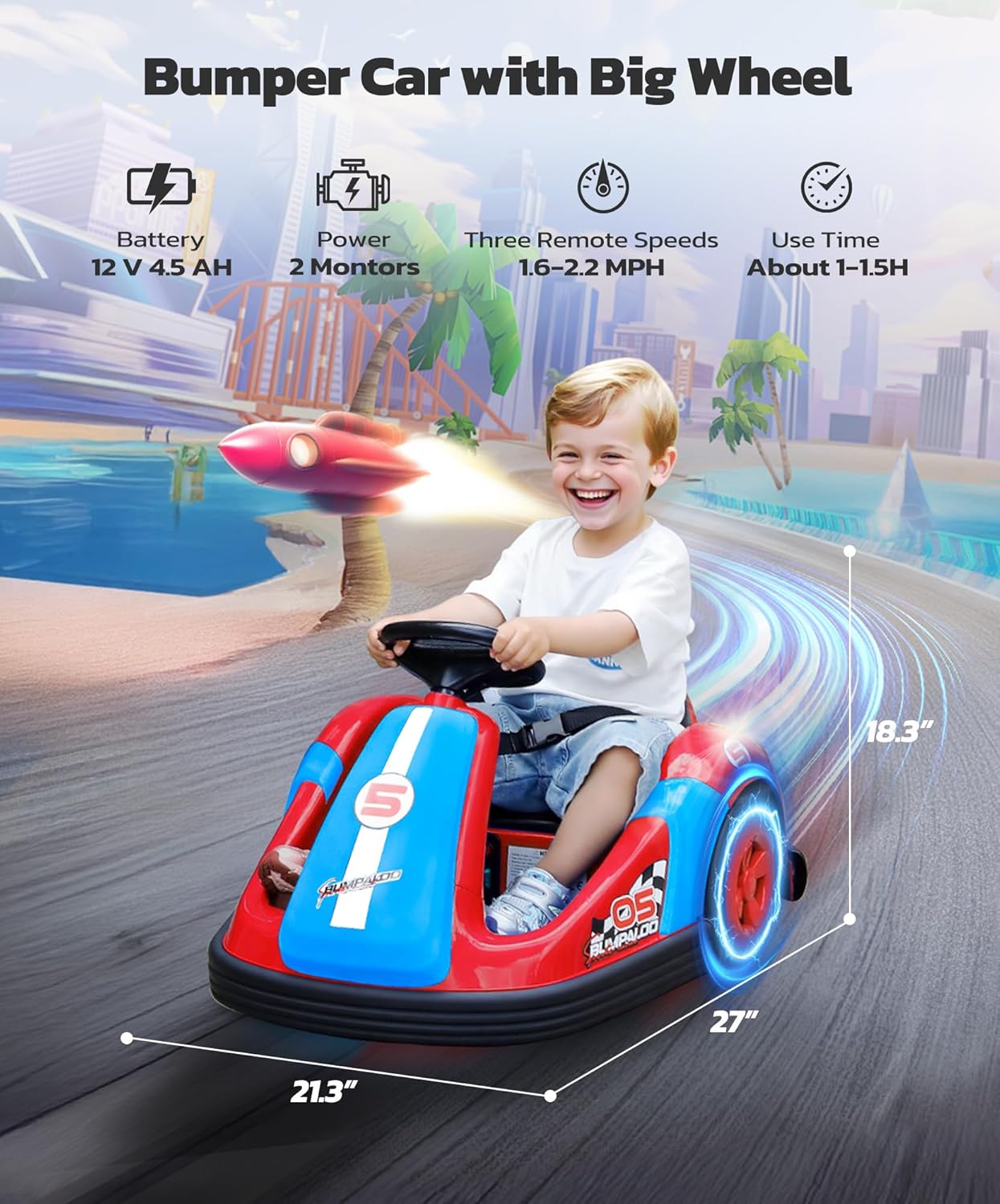 ELEMARA Bumper Cars for Kids with Big Wheels, 2.2 Mph, 12v Electric Ride On Toys with Remote