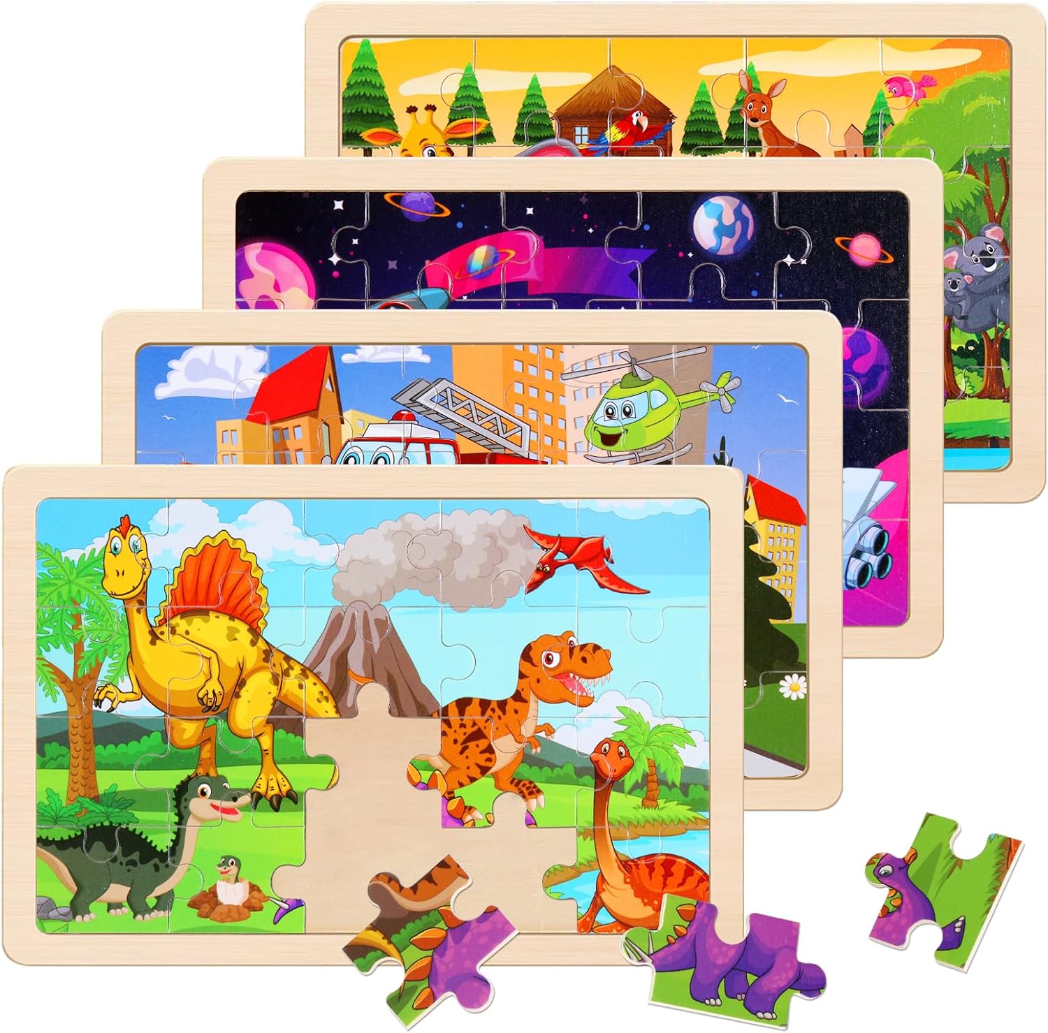 Wooden Puzzles Toys for Kids Ages 3-5, Set of 4 Packs Dinosaur, Space, Transportation Wood Toddler