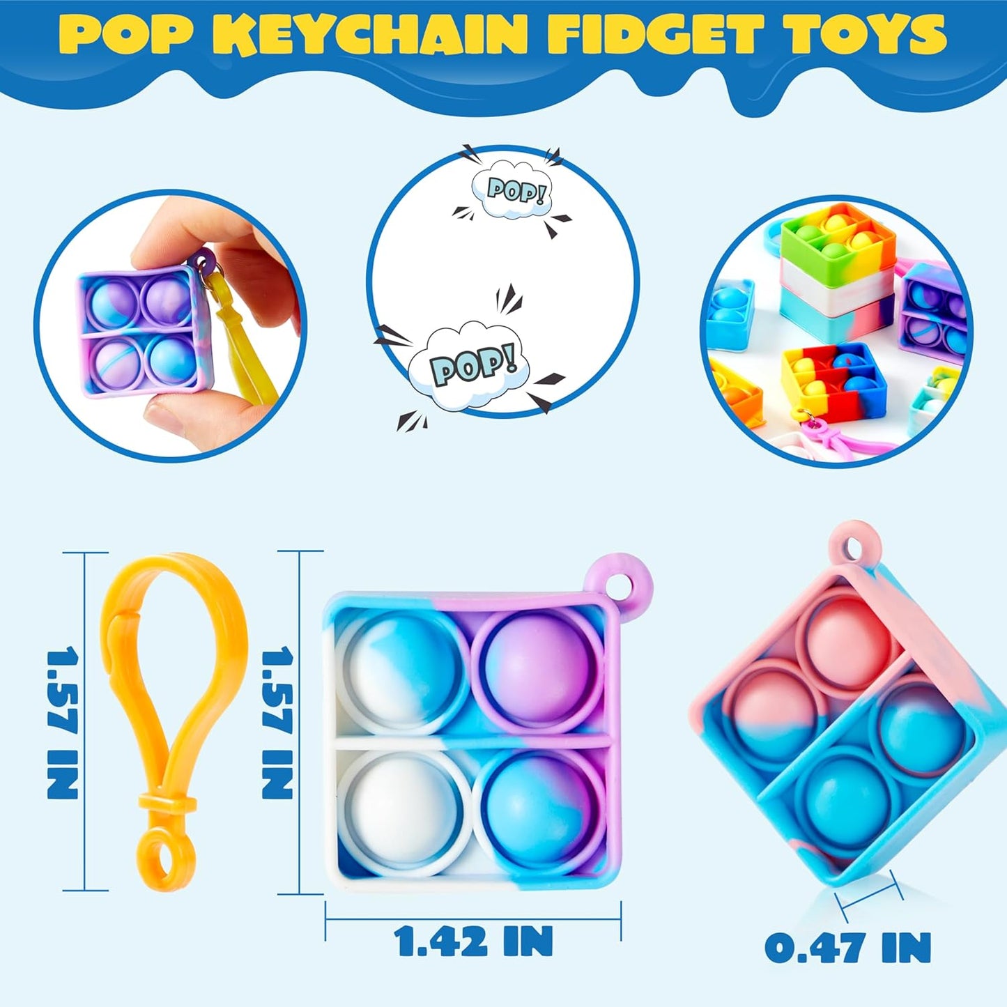 JOYIN Square Pop Fidget Keychain Mini Fidget Toys Bulk 90 Pack Party Favors for Kids 4-8,8-12 Years