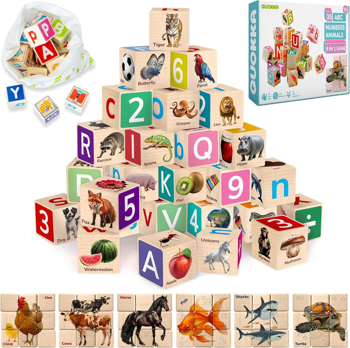 QUOKKA Montessori Wooden Blocks for Toddlers 1-3 - 35 Realistic ABC Learning Baby Blocks for Kids