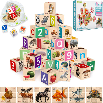 QUOKKA Montessori Wooden Blocks for Toddlers 1-3 - 35 Realistic ABC Learning Baby Blocks for Kids