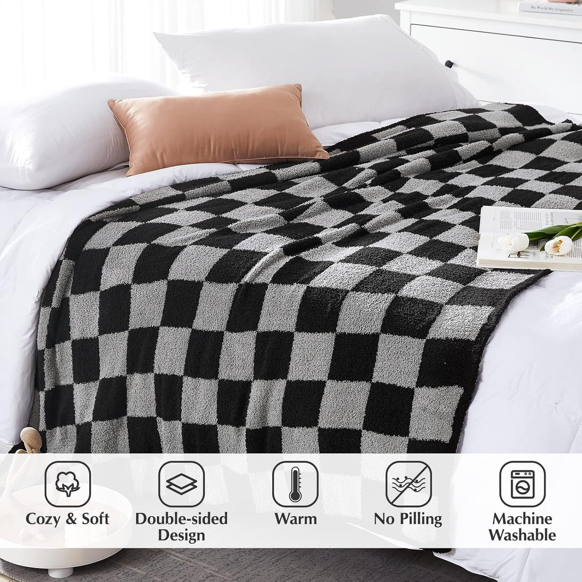 WRENSONGE Checkered Throw Blanket, Black Grey Checkered Soft Cozy Fluffy Warm Hand Made Throw