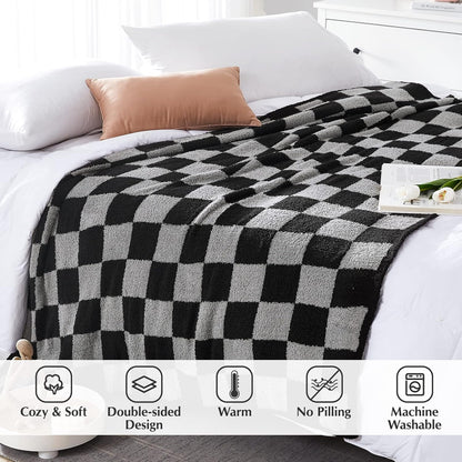 WRENSONGE Checkered Throw Blanket, Black Grey Checkered Soft Cozy Fluffy Warm Hand Made Throw