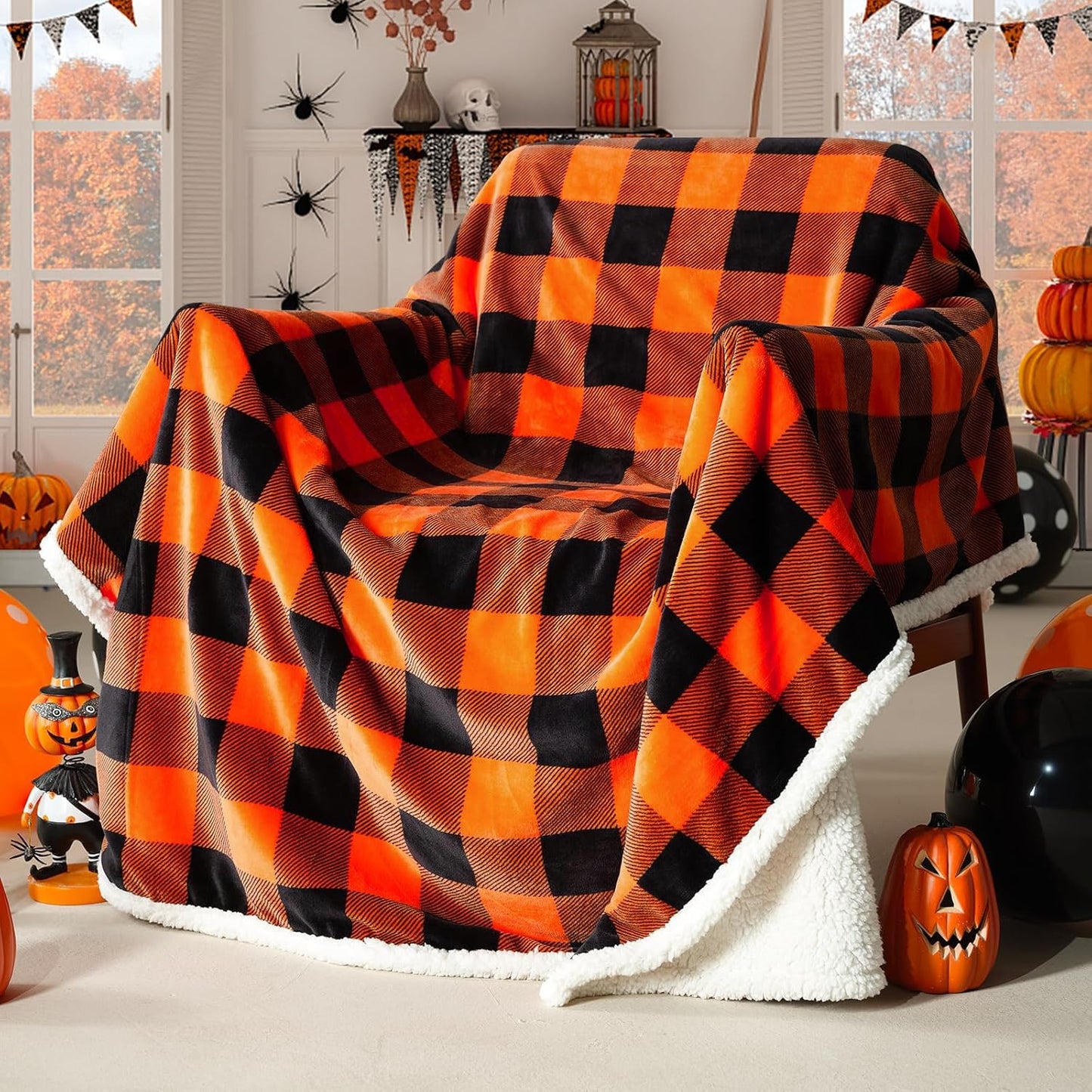 Touchat Halloween Blanket Twin Size 60" X 70"，Fall Autumn Harvest Sherpa Fuzzy Fluffy Soft Cozy
