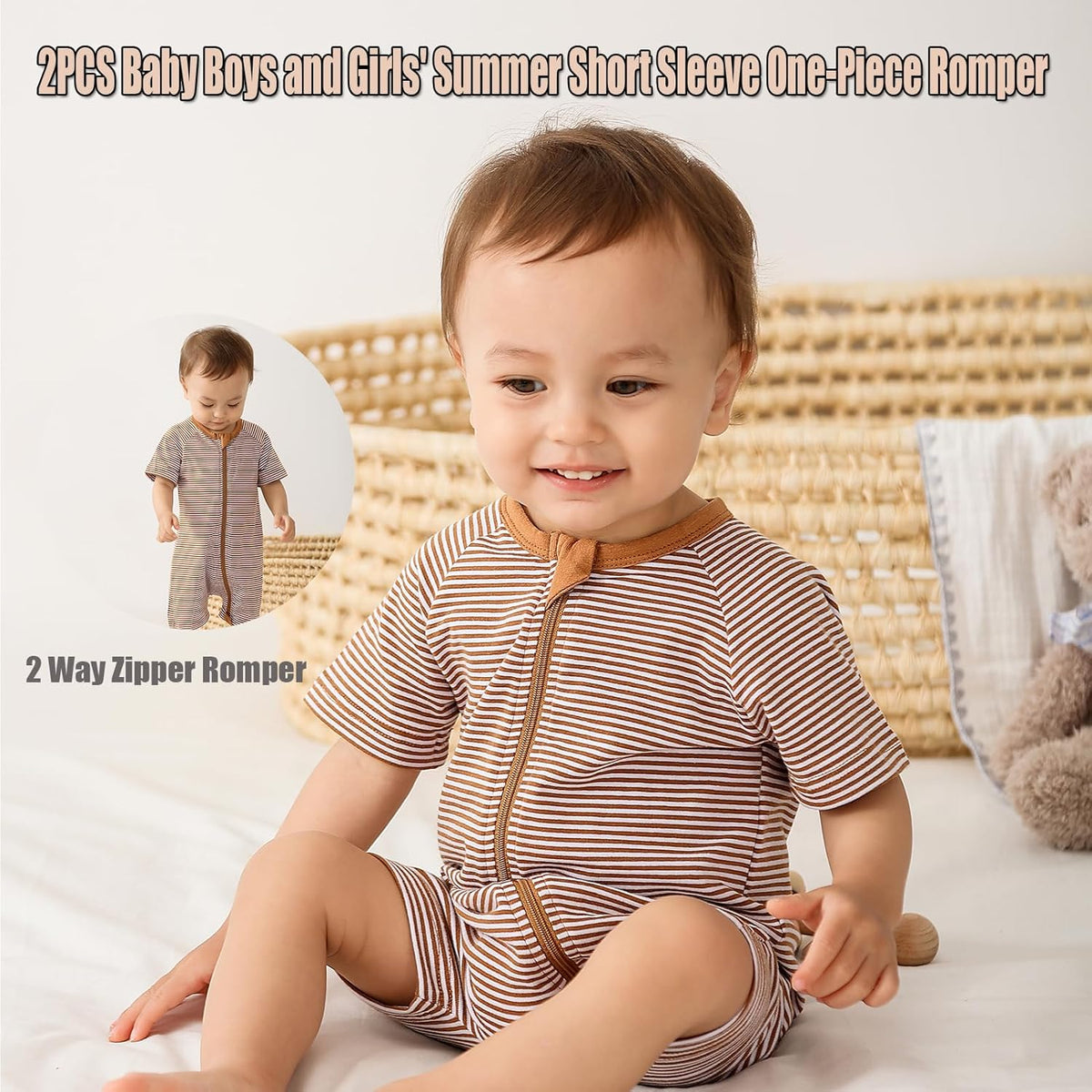 Feidoog Baby Boys 2Pack Rompers Summer Short Sleeve 2 Way Zipper One-Piece Romper Jumpsuit Sleep