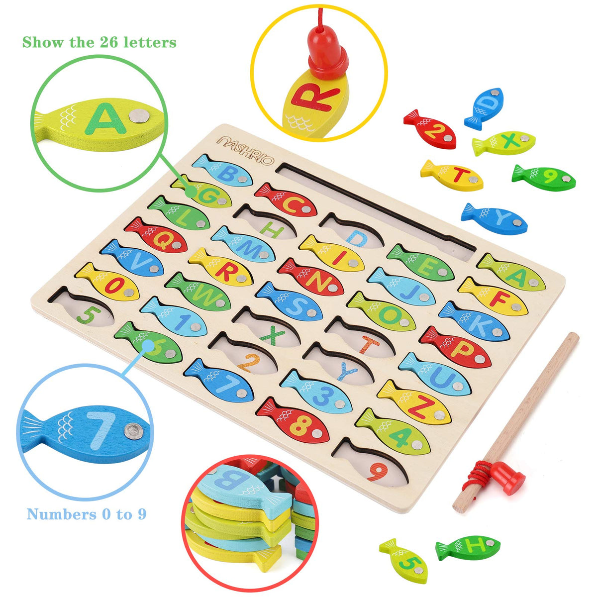 Magnetic Wooden Fishing Game Toy for Preschoolers, Alphabet Fish Catching Counting Games Puzzle