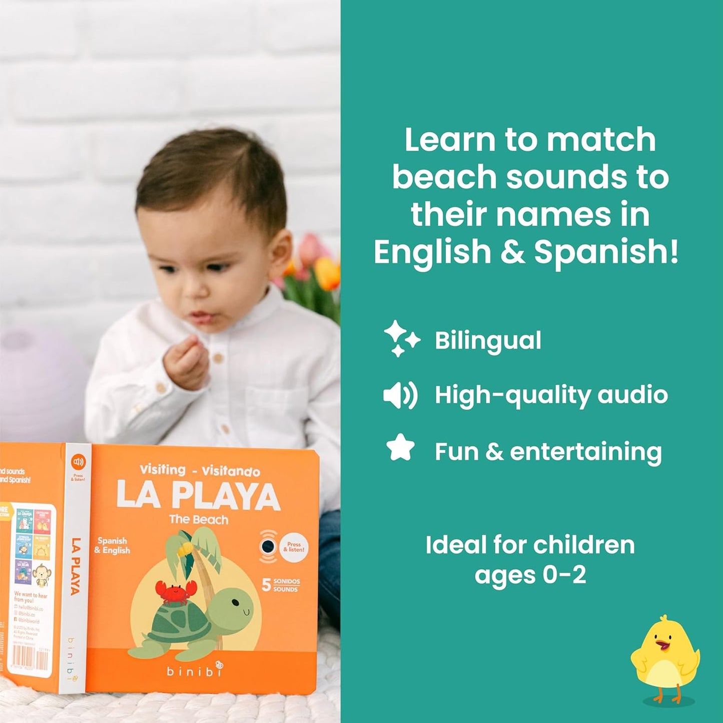 Binibi Spanish Books for Babies & Toddlers 1-3 The Beach Interactive Bilingual Sound Book with Fun