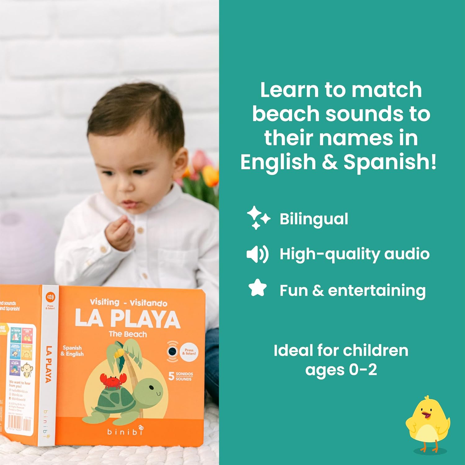 Binibi Spanish Books for Babies & Toddlers 1-3 The Beach Interactive Bilingual Sound Book with Fun