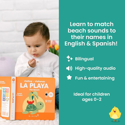 Binibi Spanish Books for Babies & Toddlers 1-3 The Beach Interactive Bilingual Sound Book with Fun