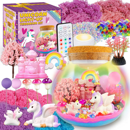 Unicorn Terrarium Crafts Kit for Kids-LED Night Light Up & Remote Unicorn Birthday Gifts Toys for