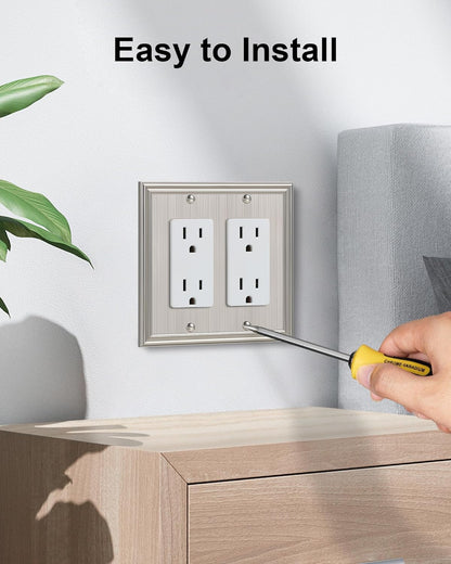 2-Pack Decorative Double Decorator Outlet Cover Plate, Durable Zinc Alloy Brushed Nickel Wall
