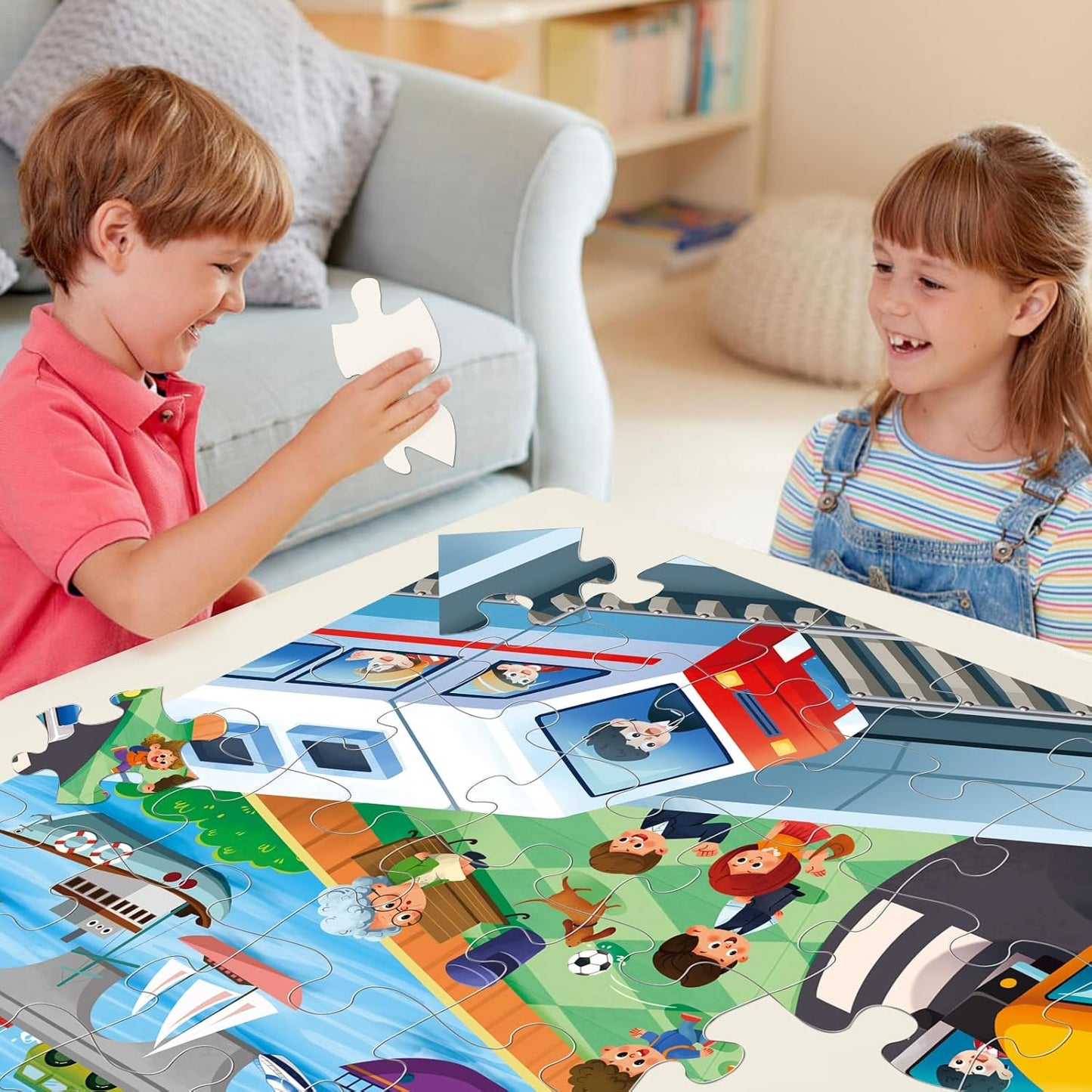 Jumbo Floor Puzzle for Kids,City Transportation Jigsaw Large Puzzles,48 Piece City Life Vehicle