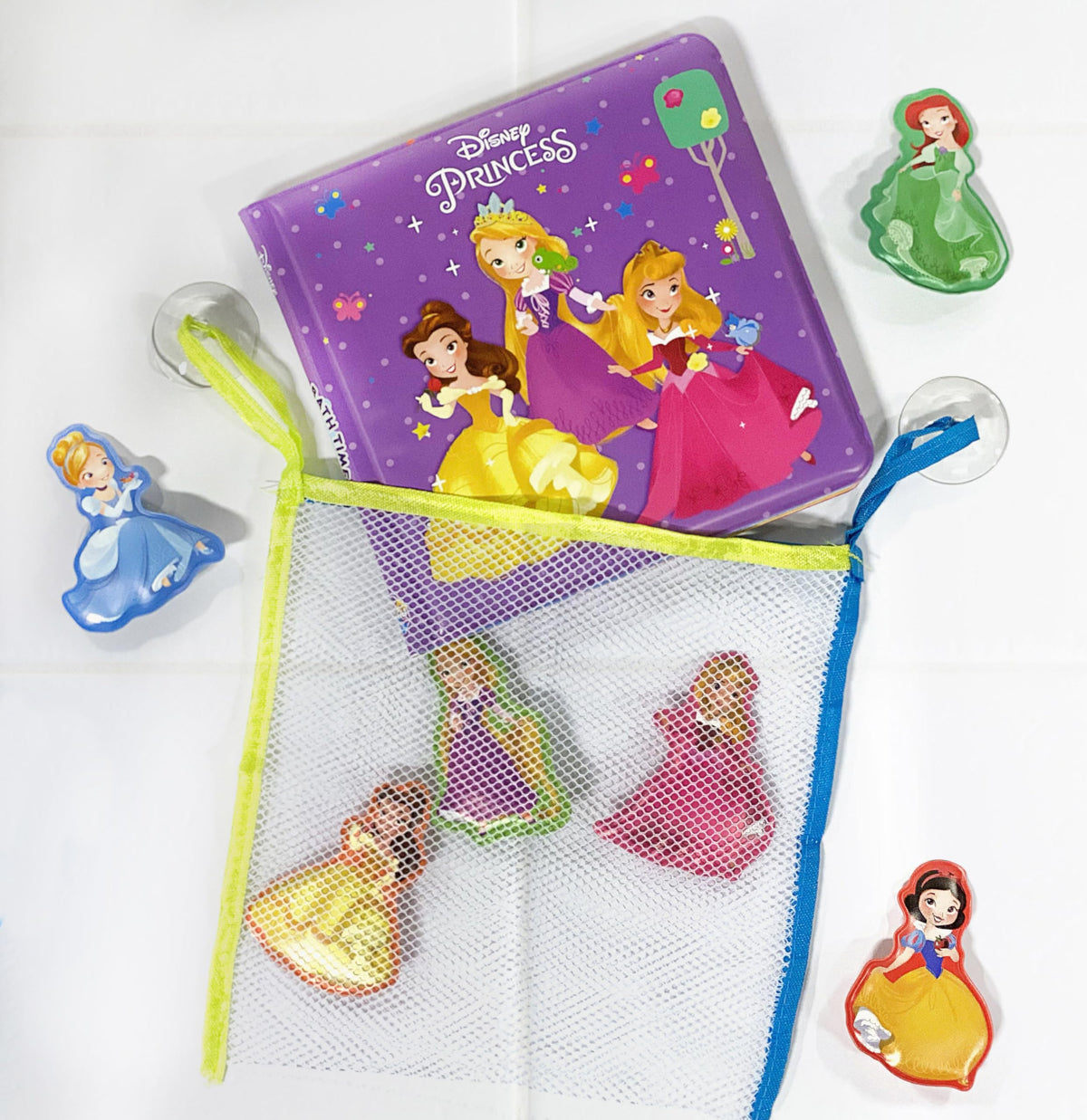 Disney Princess Bath Time Books - Activity Books for kids, Bath book, 6 Padded suction cups, 1 Mesh