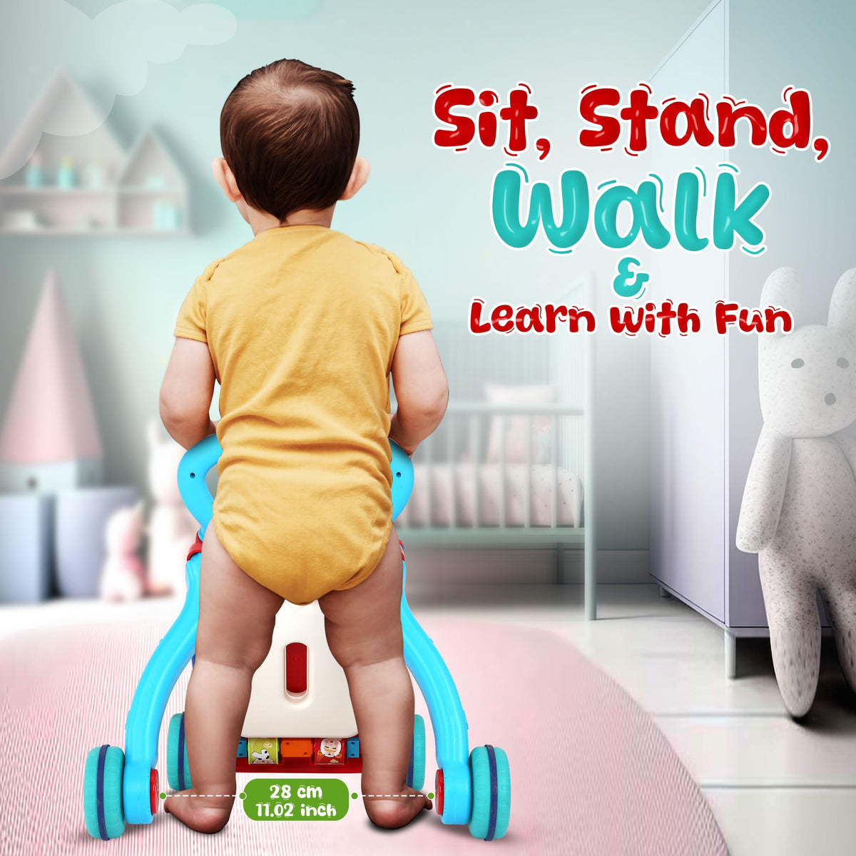 Baby Push Walker, 3-in-1 Baby Walker, Blue - YOLAY