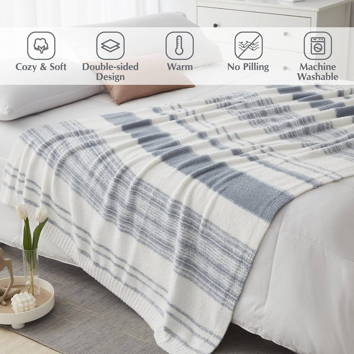 WRENGONGE Grey Blue Throw Blanket, 50x70 Soft Cozy Striped Throw Blankets for Couch, Sofa, Bed