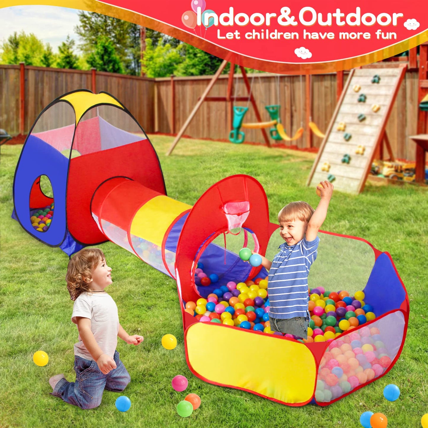 GeerWest 3 in 1 Kids Play Tent for Toddler with Baby Ball Pit and Play Tunnel, Children Indoor