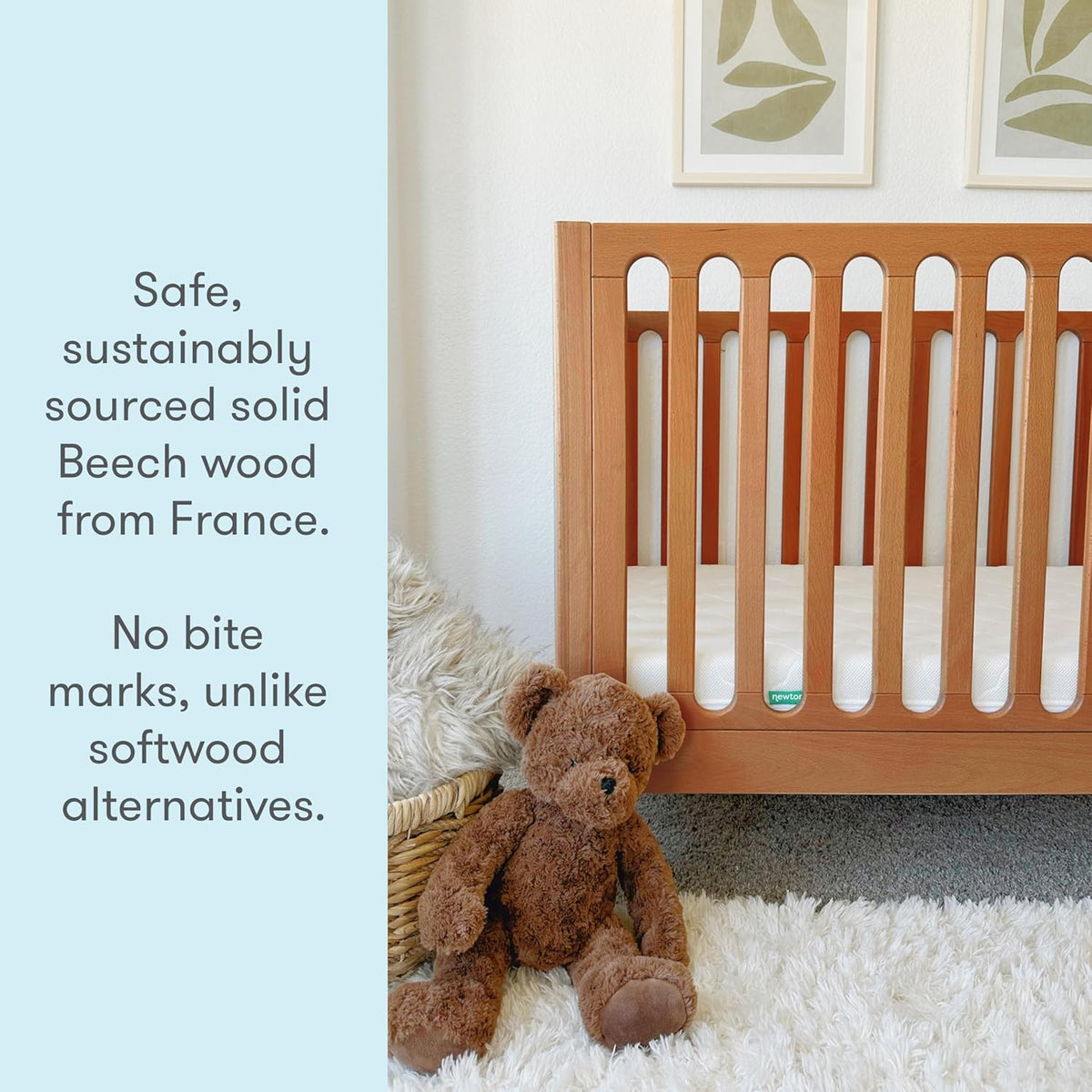 Newton Baby Galileo Standard Crib, Solid Beech Wood in Chestnut Color, 3-in-1 Convertible Crib with