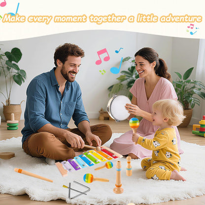 Montessori Wooden Musical Instruments for Toddlers, Educational Baby Drum Set with Xylophone &