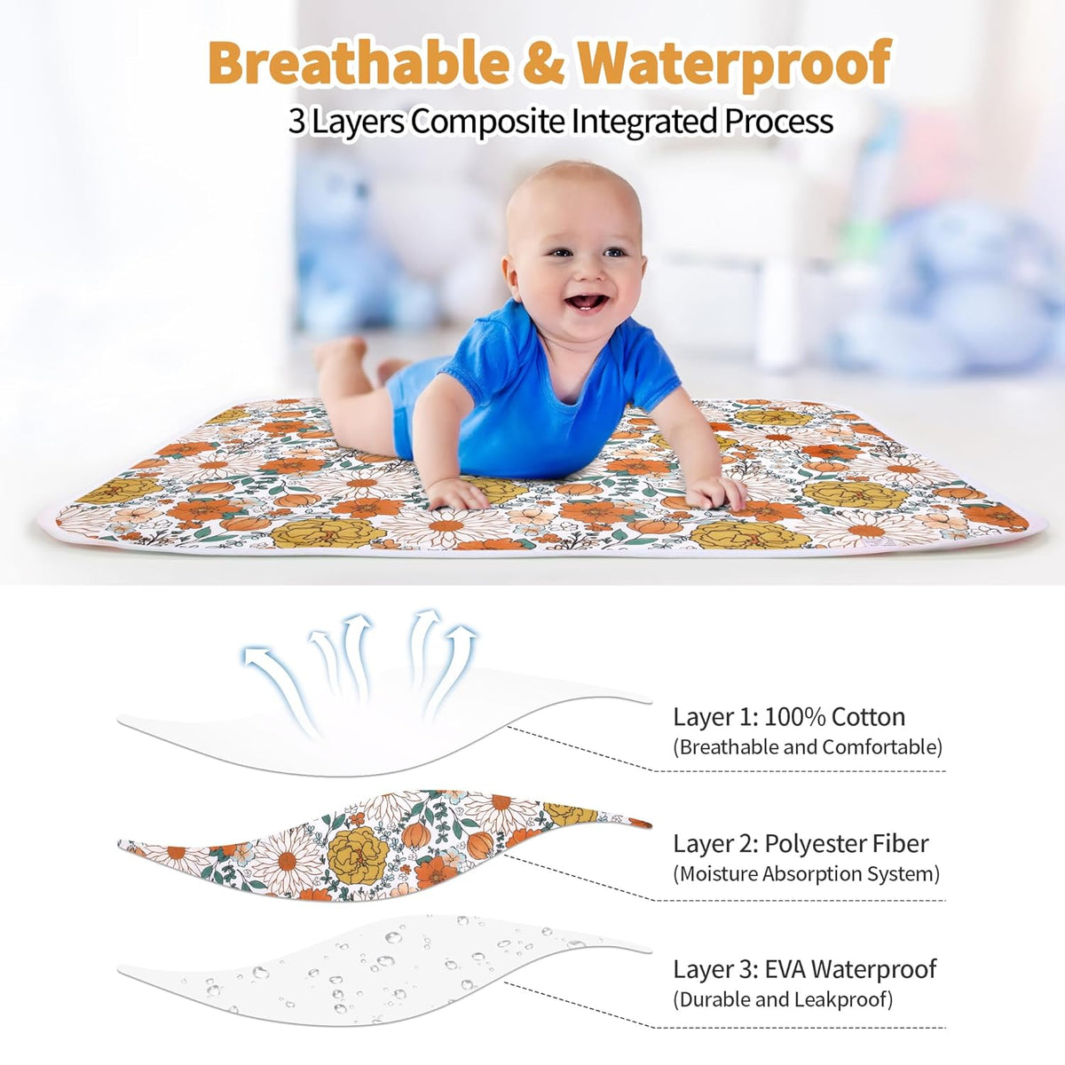 Diaper Changing Pads for Baby, Flower Change Mat, 3Layers Waterproof Change Pad Foldable Absorbent
