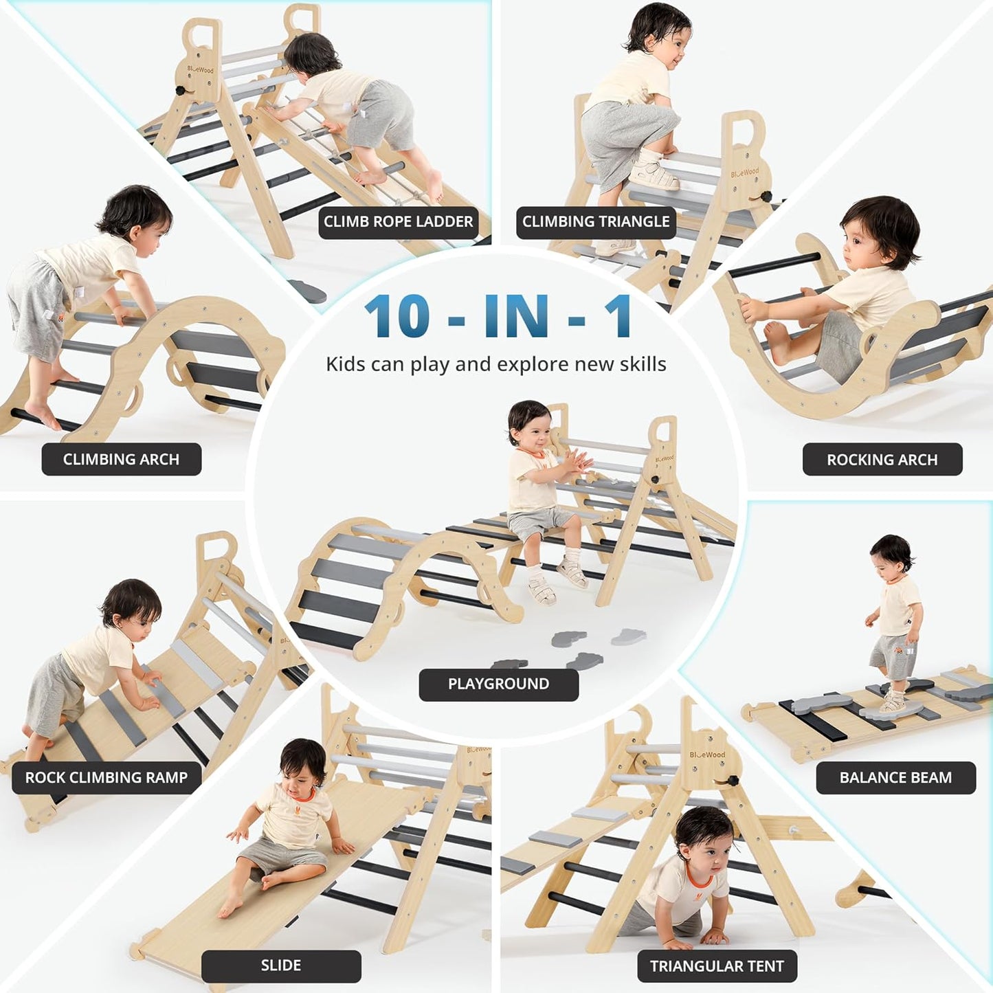 BlueWood 10-in-1 Pikler Triangle Set, Toddler Climbing Toys Indoor, Montessori Climber, Baby Jungle