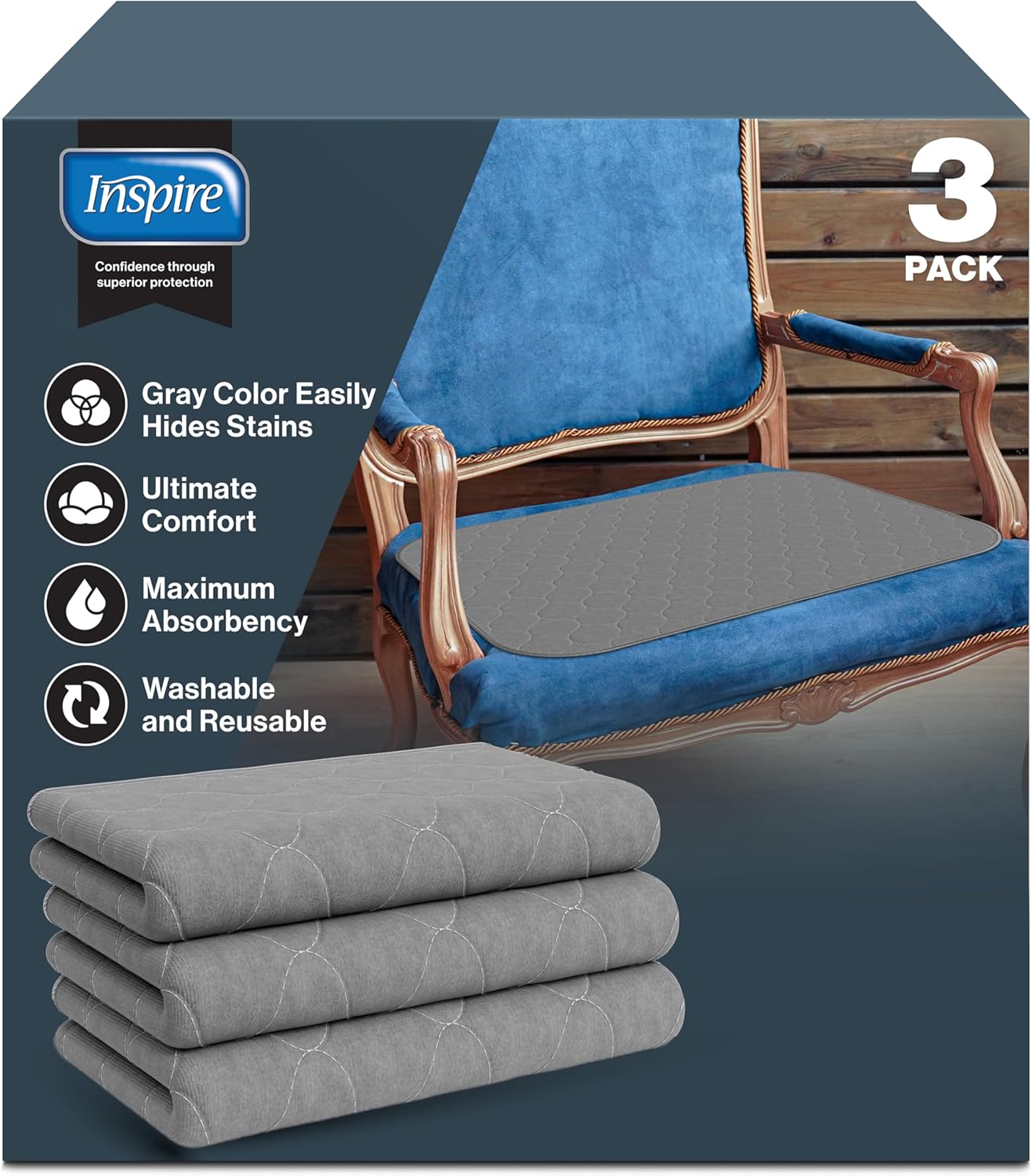 Inspire Underpads | Stain Hiding Gray Reusable Incontinence Bed Pads | Waterproof Mattress Pad |