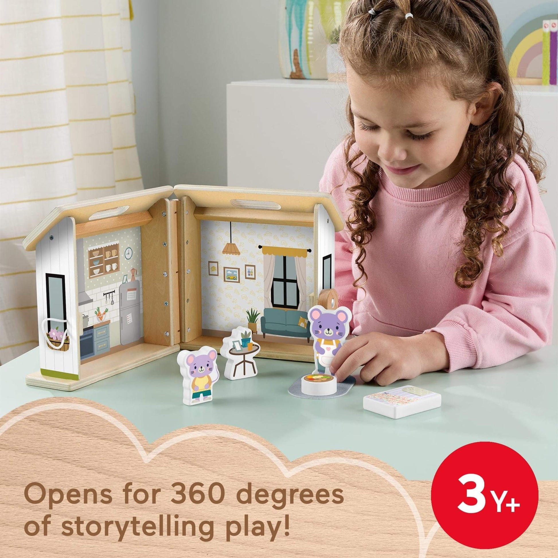 Fisher-Price Wood Pretend Play Toy Dollhouse, 6-Piece Wooden House Playset for Travel Preschool
