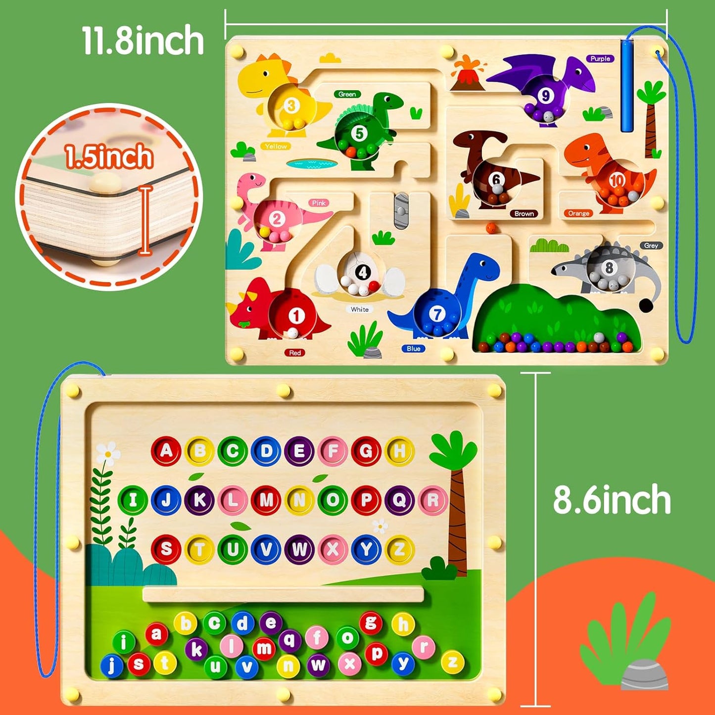 2 in 1 Magnetic Color and Number Maze Double-Sided ABC Alphabet Puzzles Board Magnet Dinosaur