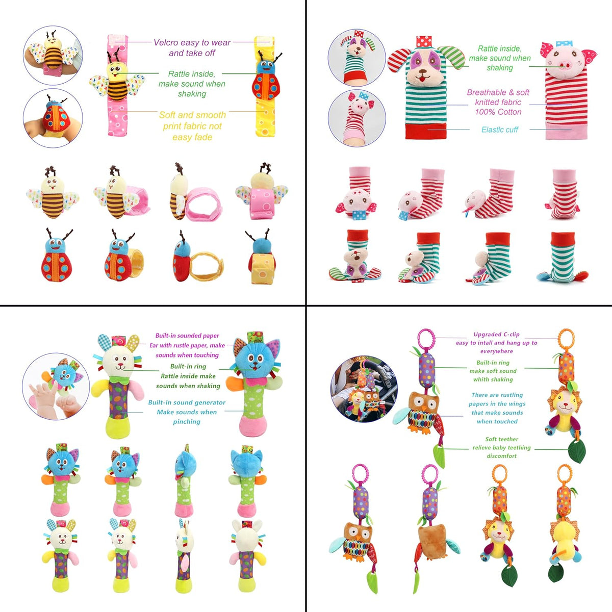 BLOOBLOOMAX Baby Soft Hanging and Wrist Rattle Toy, Car Seat Stroller Toys with Plush Animal C-Clip