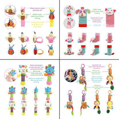 BLOOBLOOMAX Baby Soft Hanging and Wrist Rattle Toy, Car Seat Stroller Toys with Plush Animal C-Clip