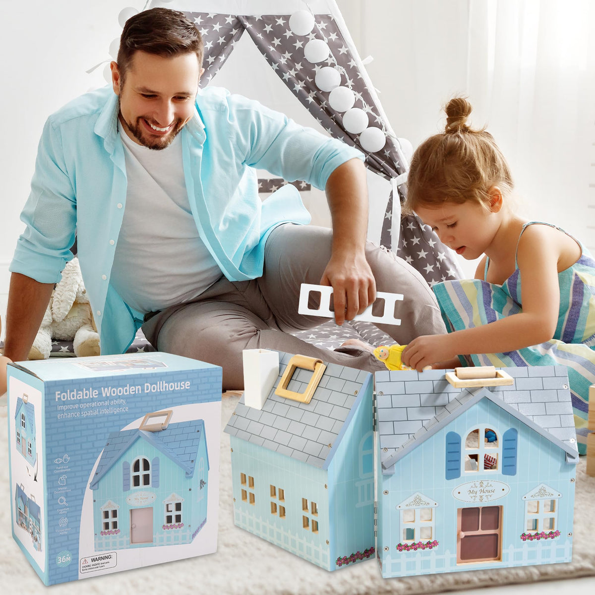 WOODMAM Foldable Wooden Dollhouse with Furniture, Dolls & Pet Set