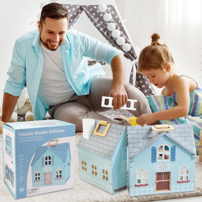 WOODMAM Foldable Wooden Dollhouse with Furniture, Dolls & Pet Set