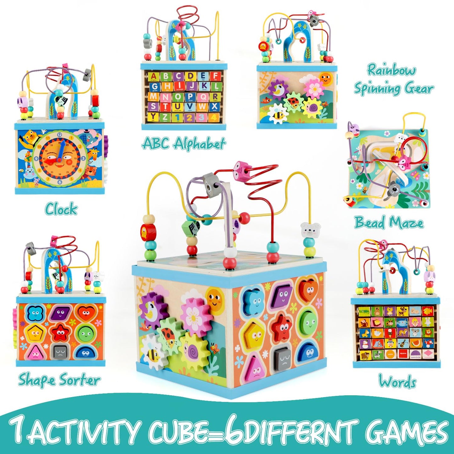 Qilay Wooden Activity Cube for Toddlers, 5 in 1 Multipurpose Abacus Early Educational Montessori