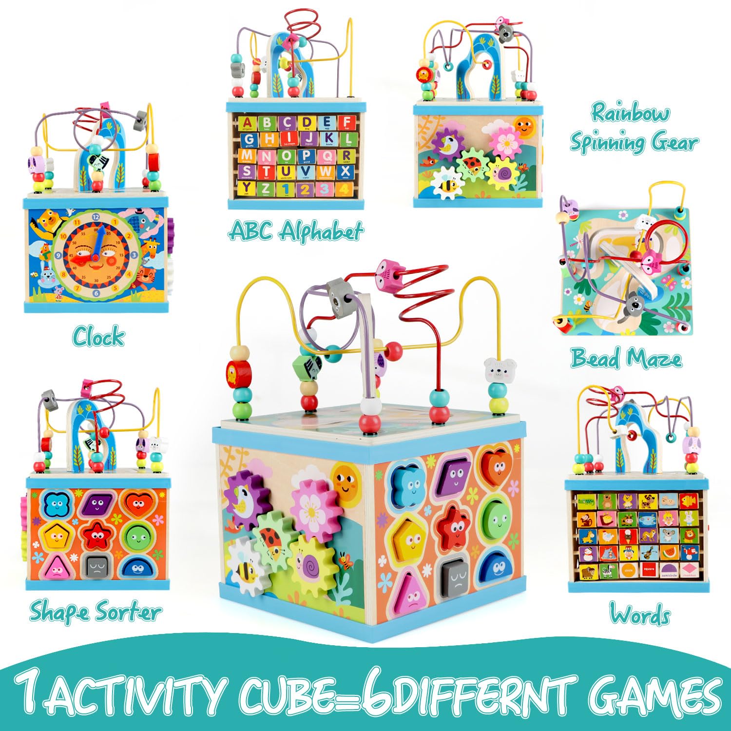 Qilay Wooden Activity Cube for Toddlers, 5 in 1 Multipurpose Abacus Early Educational Montessori