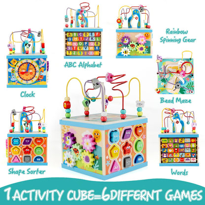 Qilay Wooden Activity Cube for Toddlers, 5 in 1 Multipurpose Abacus Early Educational Montessori