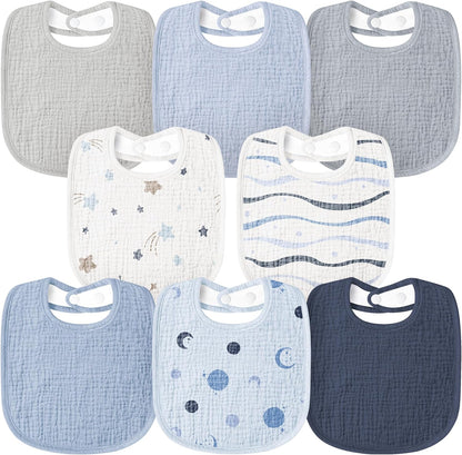 Susurration Muslin Baby Bibs 8 Pack Bandana Drool Bibs, Soft Square Adjustable Baby Drooling Bibs