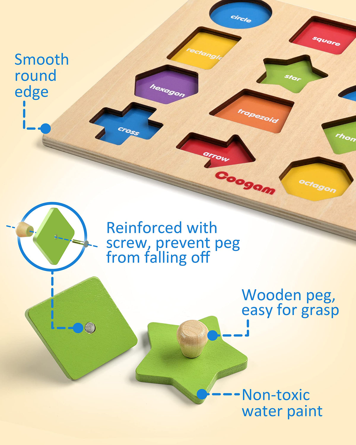 Coogam Montessori Toy Wooden Shape Peg Puzzle, Fine Motor Color Matching Sorting Board, Early