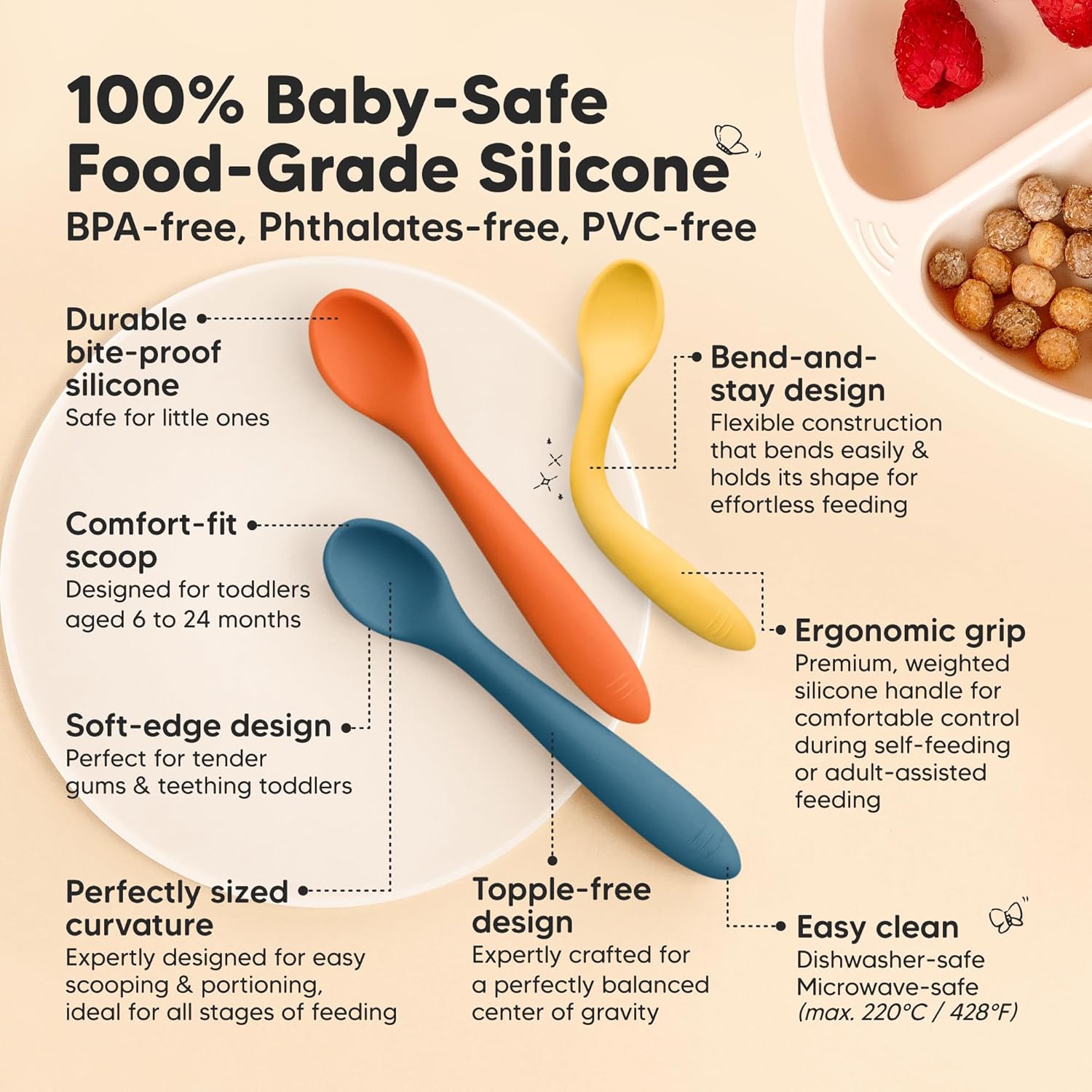 KeaBabies Silicone Baby Spoons, Self Feeding 6-12 months - 3-Pack Baby Weaning Eating Utensils