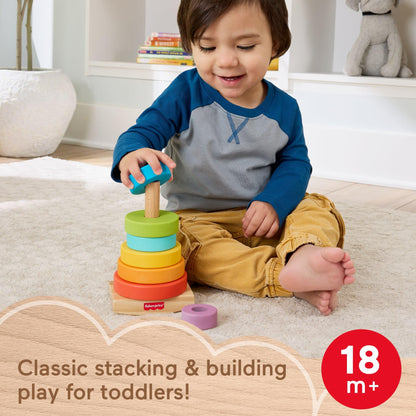 Fisher-Price Wood Toddler Toy Rock-a-Stack, 8-Piece Wooden Ring Stacking Activity for Fine Motor