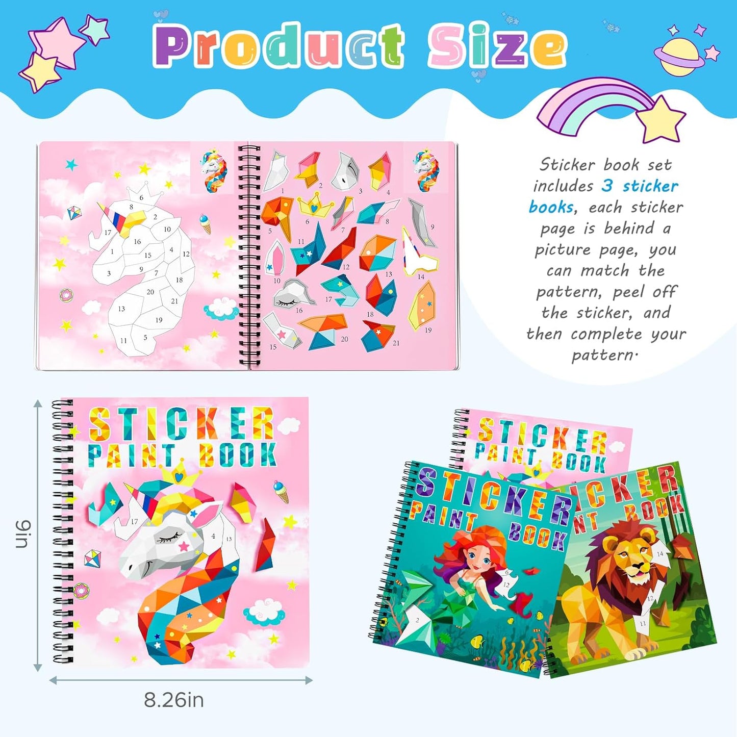 homicozy 3PCS Sticker Paint Books for Kids Ages 4-10,Unicorn Mermaid Animals Designs Paint by