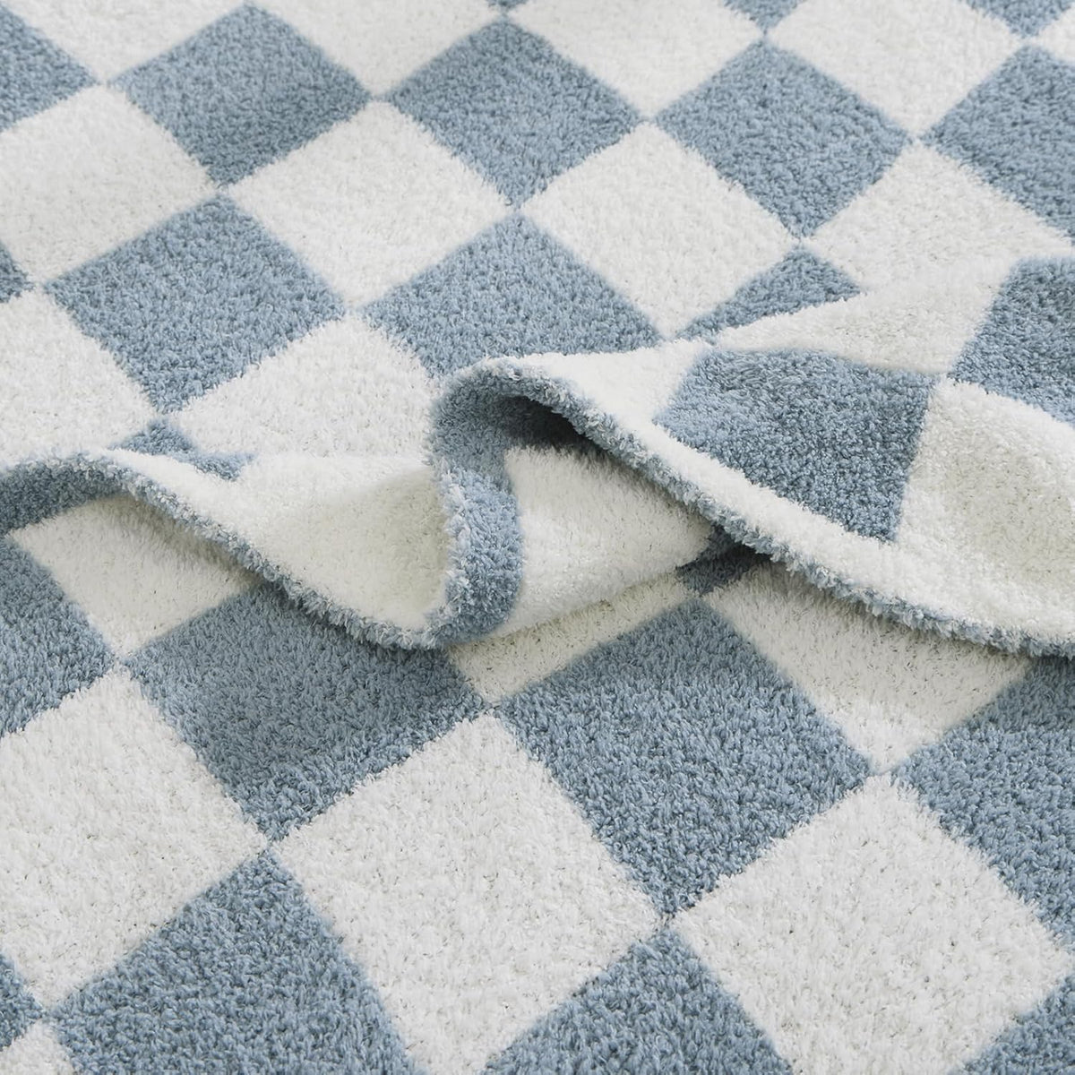 WRENSONGE Checkered Throw Blanket, Grey Blue Soft Cozy Fluffy Warm Hand Made Throw Blankets for